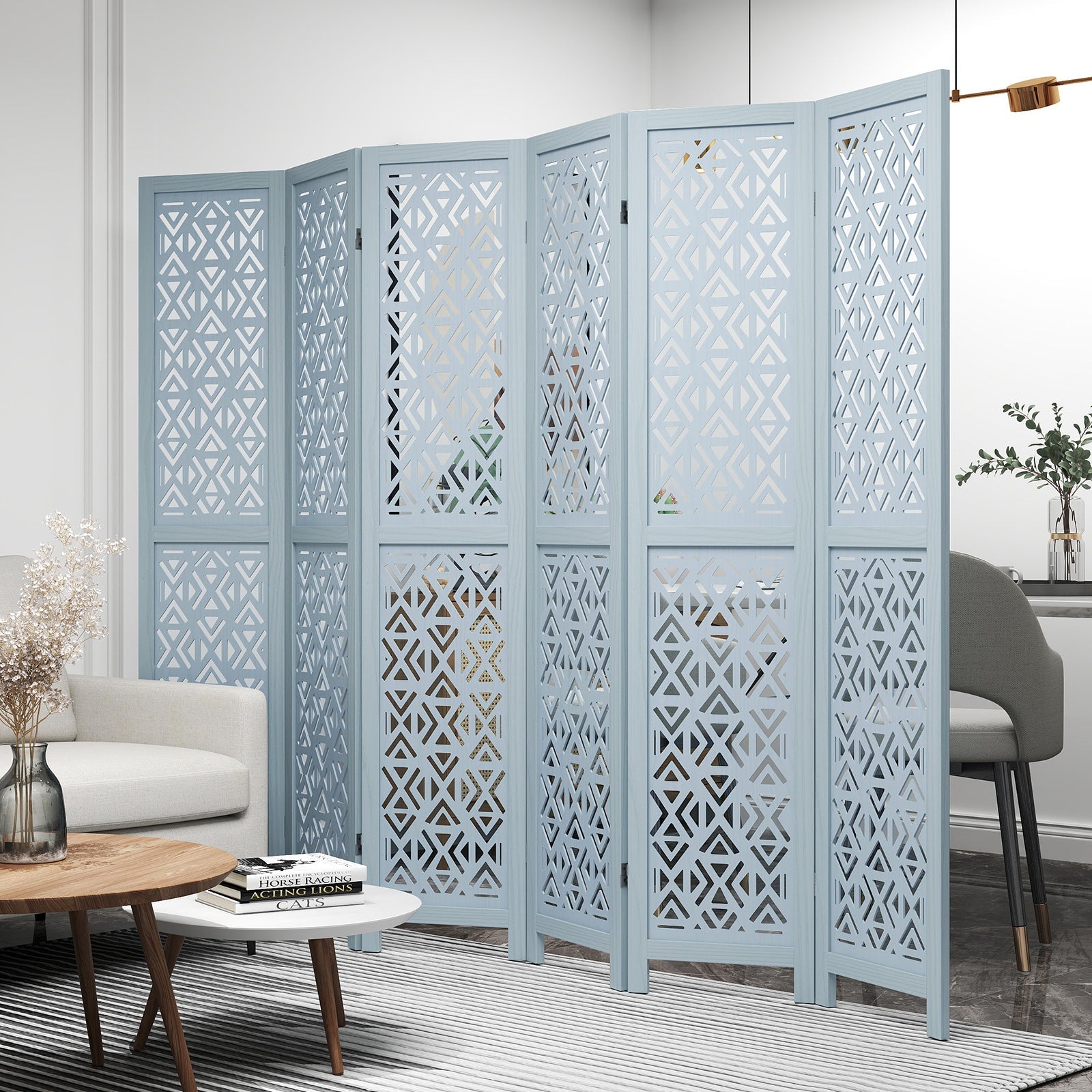 4/6 Panel Wooden Room Divider with Carved Cutout Pattern and Solid Wood Frame