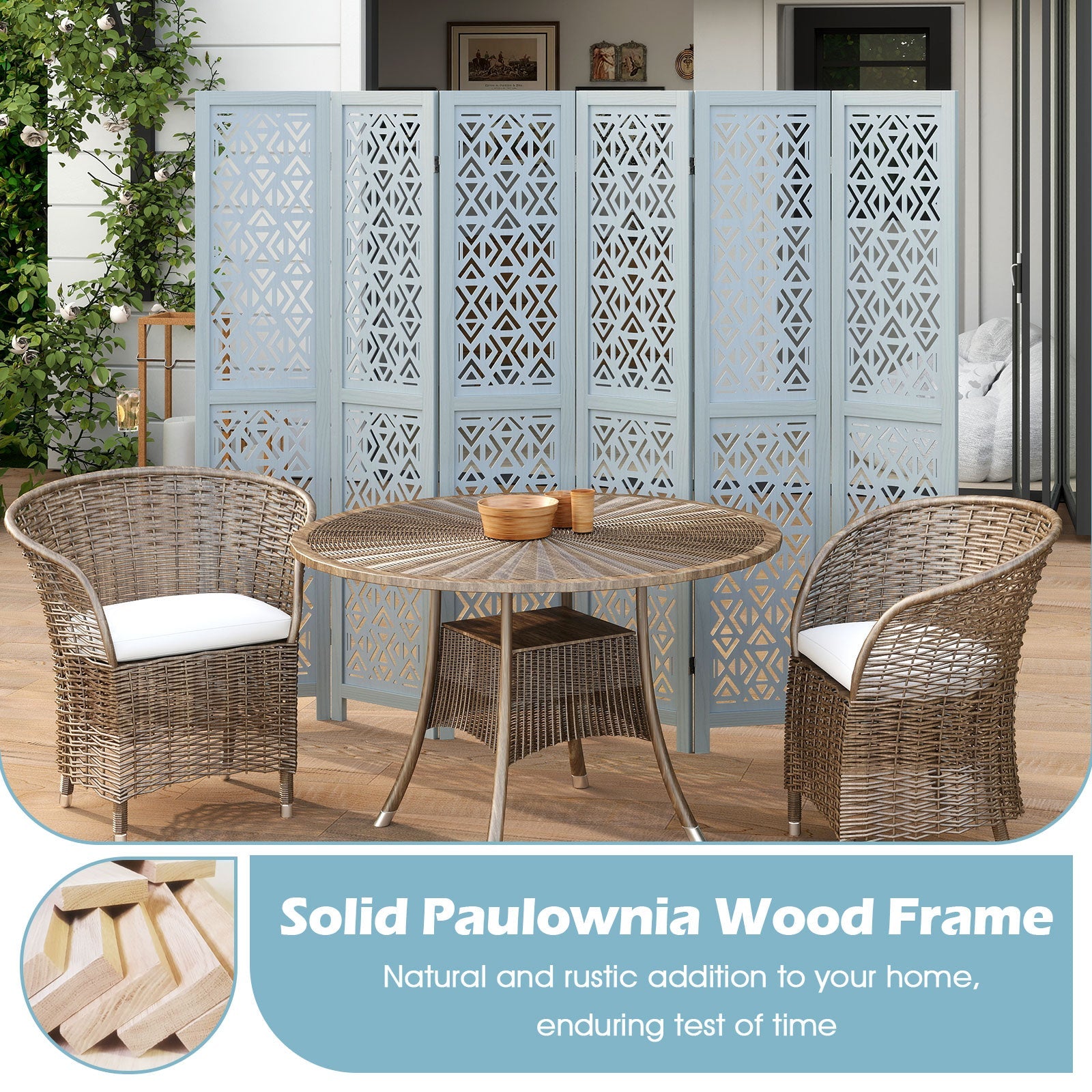 4/6 Panel Wooden Room Divider with Carved Cutout Pattern and Solid Wood Frame