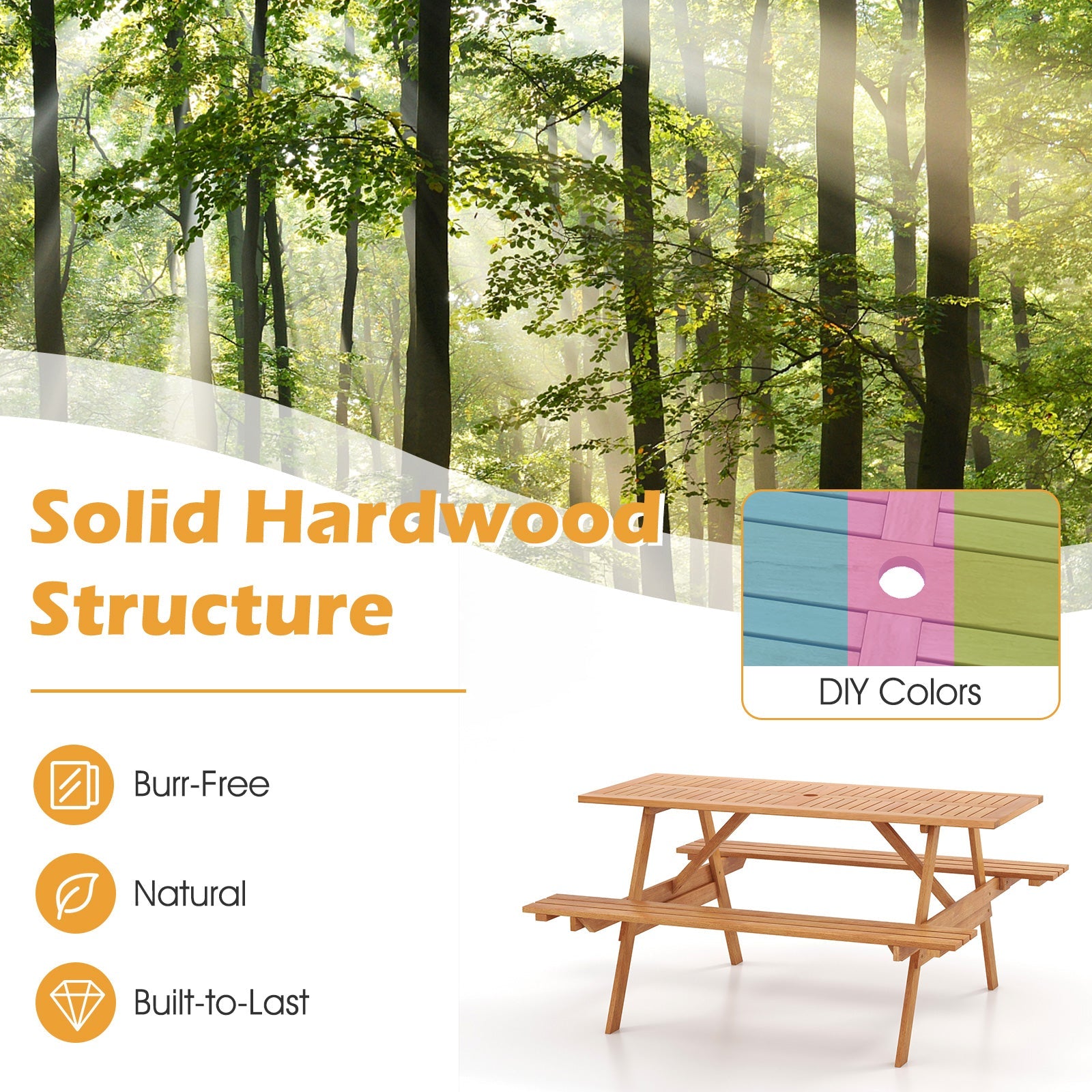 6 Person Picnic Table Set Patio Rectangle with 2 Built-in Benches and Umbrella Hole