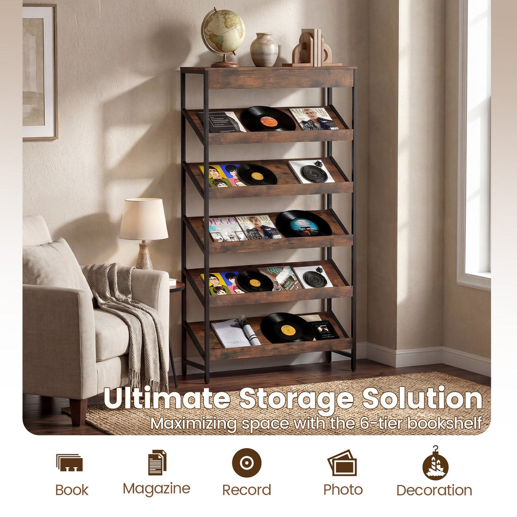6-Tier Tall Freestanding Bookshelf with Angled Shelves for Home Office-Rustic Brown