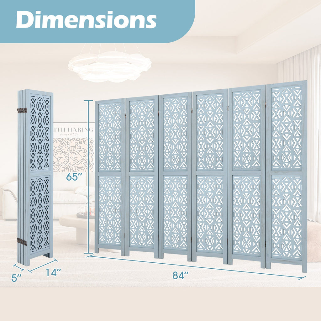 4/6 Panel Wooden Room Divider with Carved Cutout Pattern and Solid Wood Frame