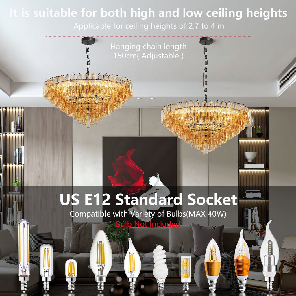 Modern Round 14-Light Black Chandelier with Smoke Glass Tubes