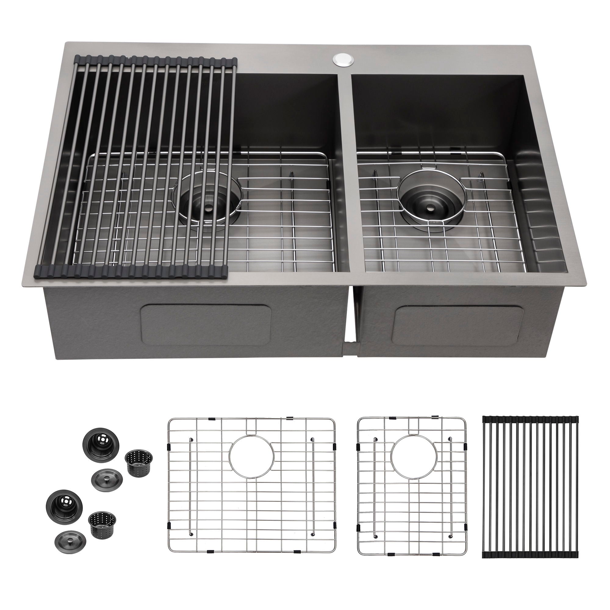 Double Bowl Drop-In Sink With 2 - 9" Deep Basins - Gunmetal Black