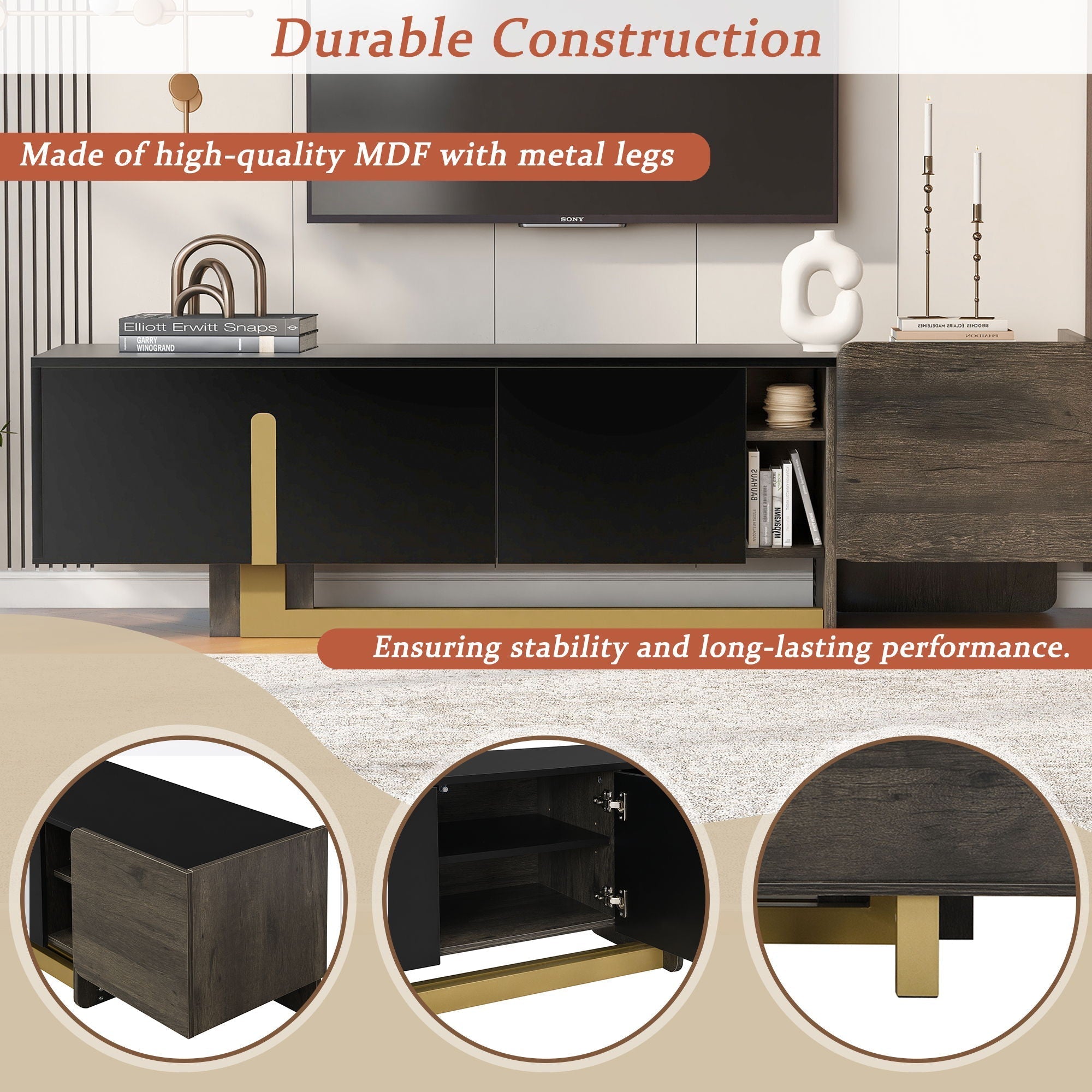 TV Stand With 1 Drawer, 2 Cabinets And Adjustable Shelves