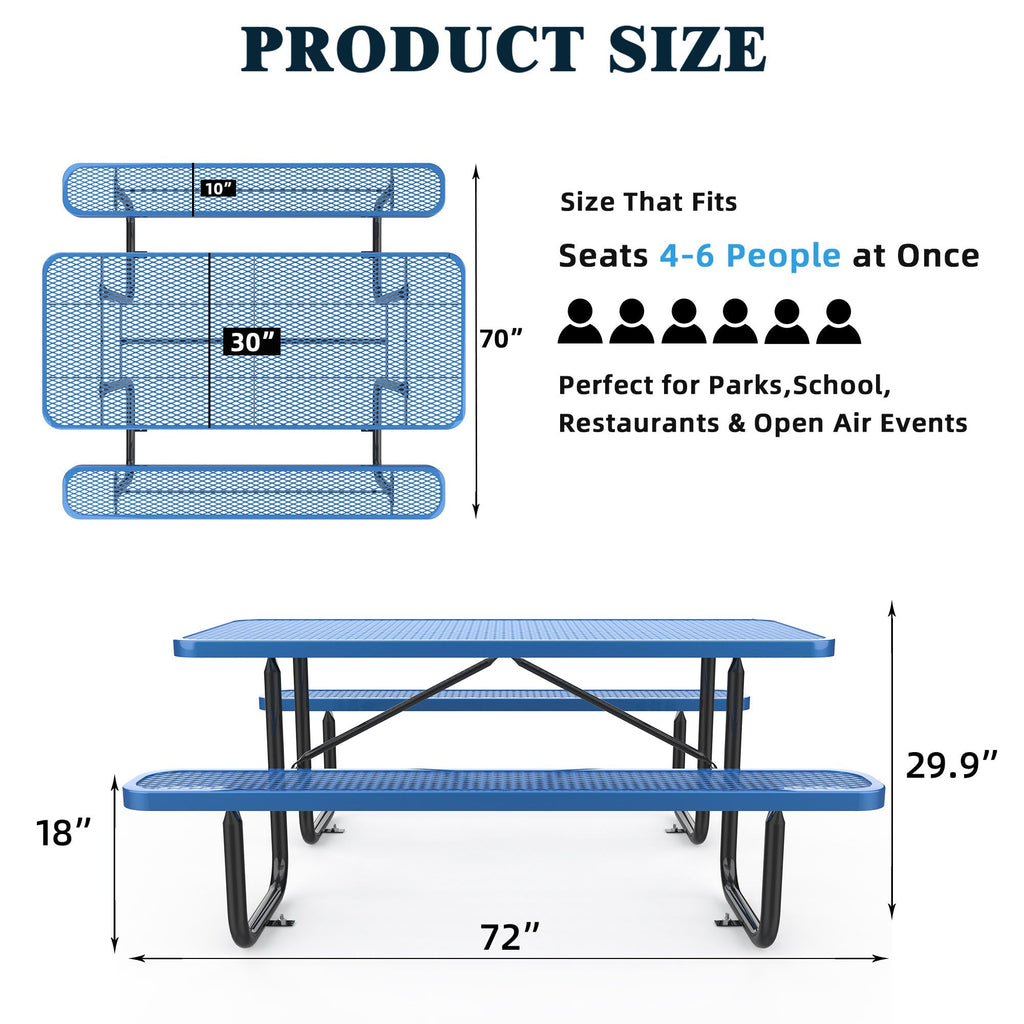 6 ft Metal Picnic Tables for Outdoors, Rectangle Coated Steel Patio Furniture Set