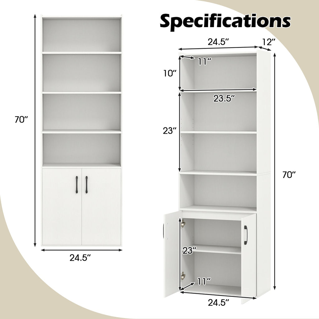 70 Inch Bookcase 6-Tier with Adjustable Shelves and 2-Door Cabinet