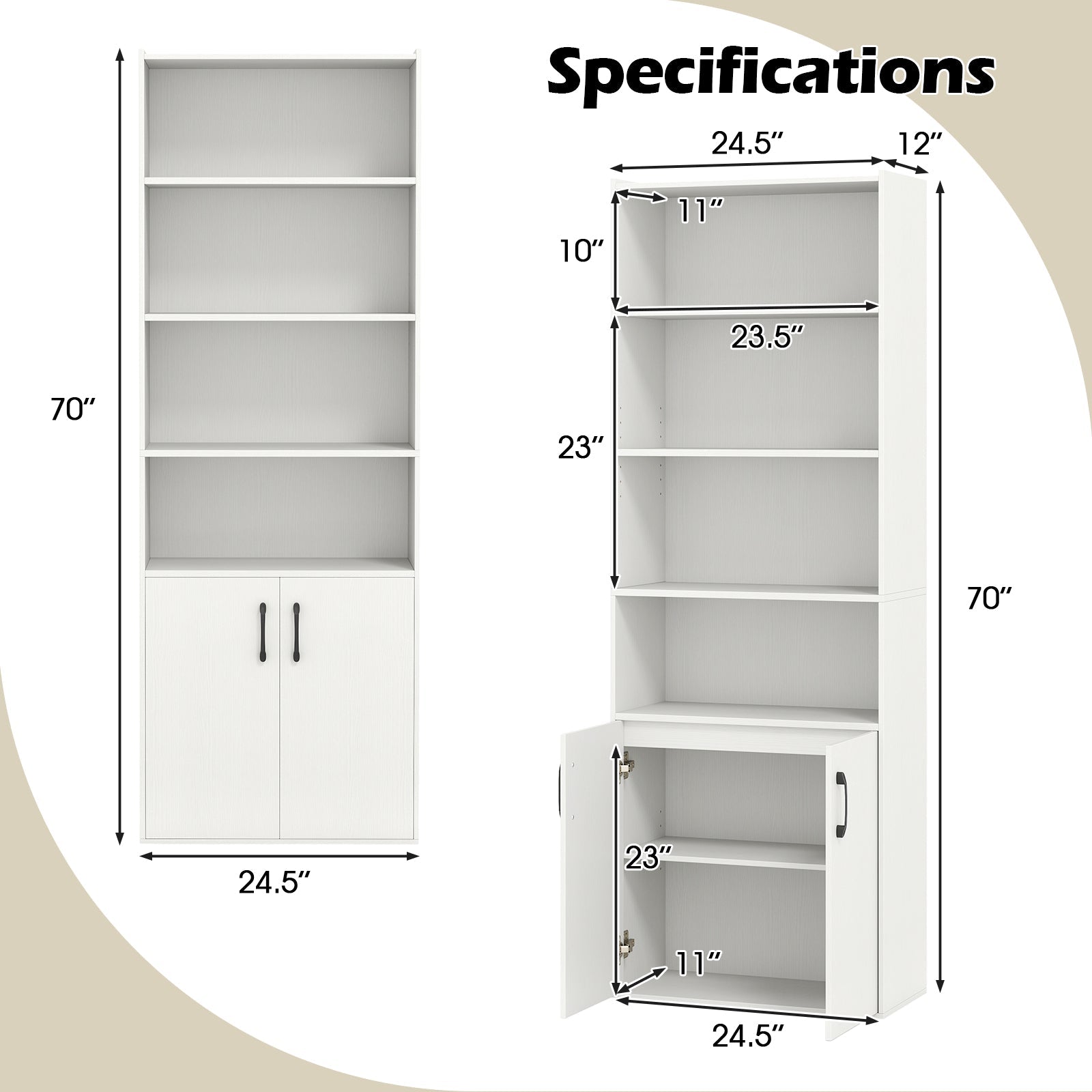 70 Inch Bookcase 6-Tier with Adjustable Shelves and 2-Door Cabinet