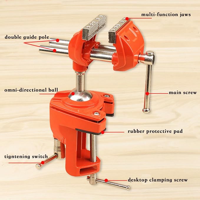 Clamp Bench Vise, Small Table Vise for Woodworking, Heavy Duty Clamp Vise for Workbench DIY Projects, Swivel Base, 360 Degree Rotating, Post Universal