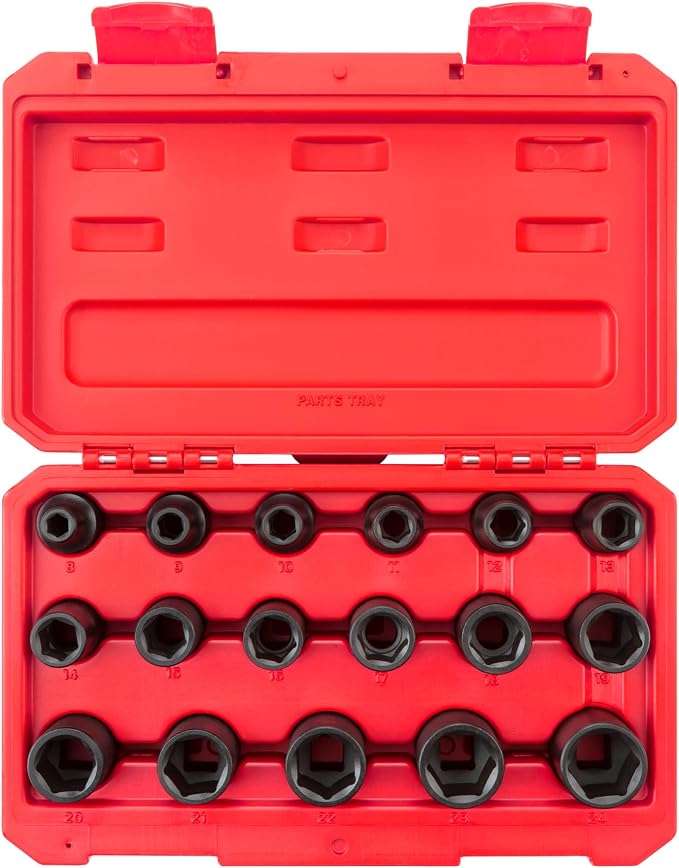 TEKTON 1/2 Inch Drive Impact Socket Set, 17-Piece | SID92321 | (8 - 24 mm), Shallow, 6-Point, Case