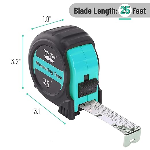 Mr. Pen- Retractable Tape Measure 25 ft, Turquoise Blue, Easy Read, Steel Retractable Measuring Tape with Fractions, Ideal for Construction & DIY Projects