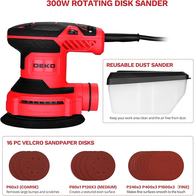 DEKOPRO Electric Sander with 16 Sandpapers, 14000RPM, 5-Inch, High Performance Dust Collection - For Woodworking