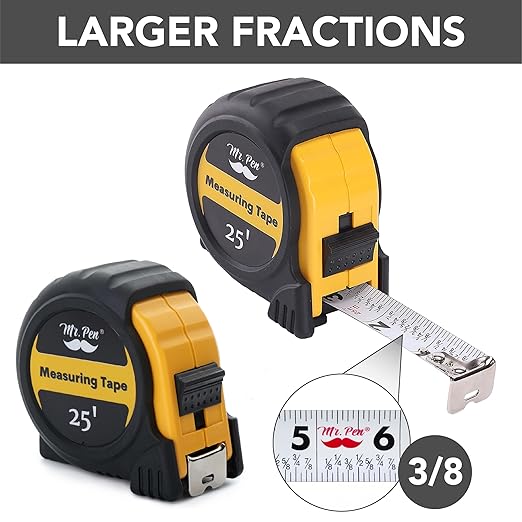 Mr. Pen- Retractable Tape Measure 25 ft, Yellow, Easy Read, Steel Retractable Measuring Tape with Fractions, Ideal for Construction & DIY Projects