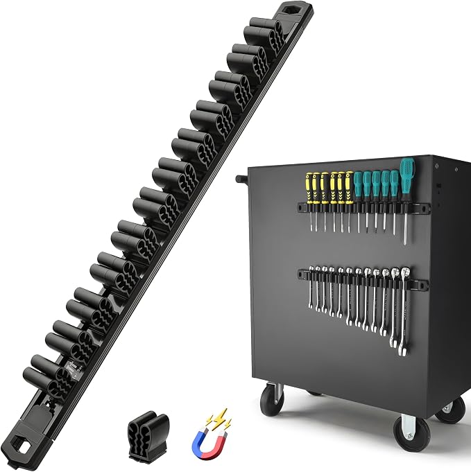 Reniteco Magnetic Screwdriver & Wrench Organizer, 12-Slot Tool Holder | Heavy-Duty Aluminum Alloy Rail Tool Holder, Flexible High-Tension Tool Clips, Magnetic Base, Tool Box Drawer or Wall Mount
