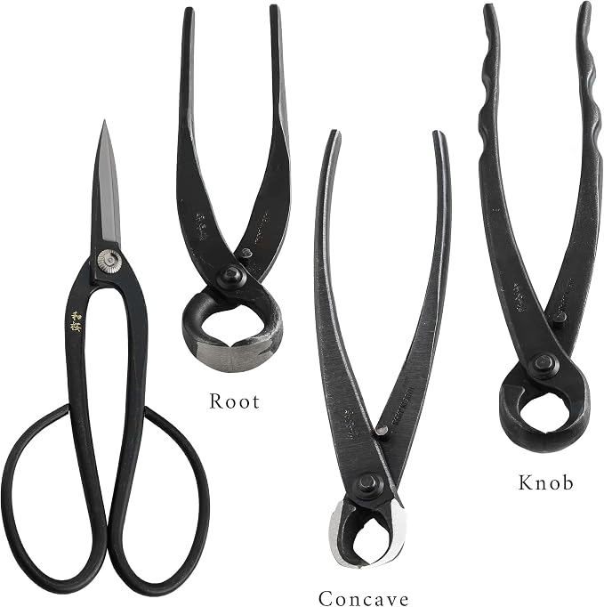 Wazakura Made in Japan 6PCS Bonsai Professional Tool Kit with Roll Bag: Yasugi Steel Ashinaga Scissor, Concave Branch Cutter, Knob Cutter, Jin Plier, Wire Cutter, Root Cutter. Bonsai Tool Set & Case
