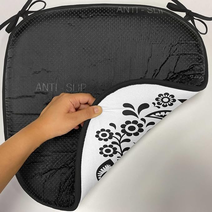 Lunarable Gallus Chair Cushion Pads Set 12, Polish Floral Design with Roosters Traditional Folk Pattern Easter Celebration, Anti-Slip Seat Padding for Kitchen & Patio, 16"x16", White and Black