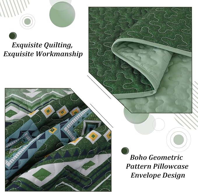 WONGS BEDDING Green Quilt Set Queen Size,3 Pieces Boho Bedspread Coverlet Set,Soft Bohemian Bedding Set Queen for All Season 96"×90"