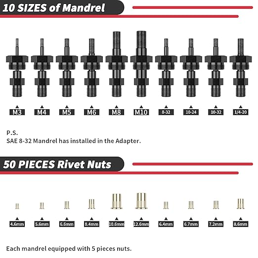 Beaspire Cordless Drill Electric Rivet Nut Drill Adapter Kit, Rivet Nut Tool Kit Including 10 Mandrel and 50Pcs Assorted Rivet Nuts, Rugged Carrying Case