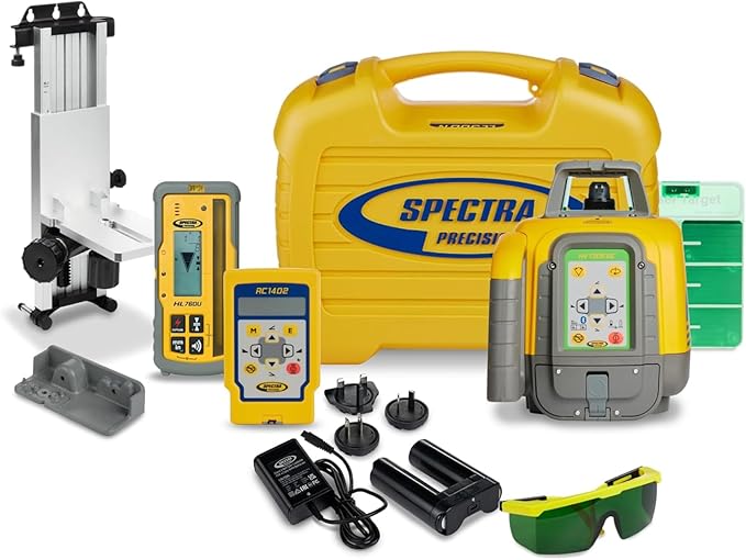 Spectra Precision HV1305GC Laser Kit with HL760U Receiver, RC402N Remote, M302 Wall Mount & Accessories — IP66, ±1.5 mm Accuracy, 1,200 m Range - Green Beam - Small Case