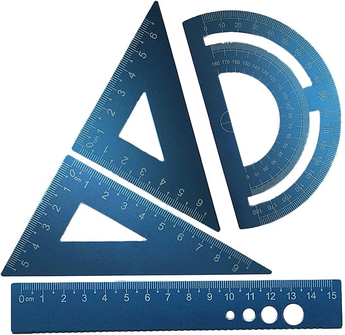 4 Pack Blue Metal Math Geometry Tools Aluminum Alloy Straightedge Triangle Ruler Protractor, Steel Graphic Design Tools Drafting Tool for Student Teacher Metric Drawing and Drafting