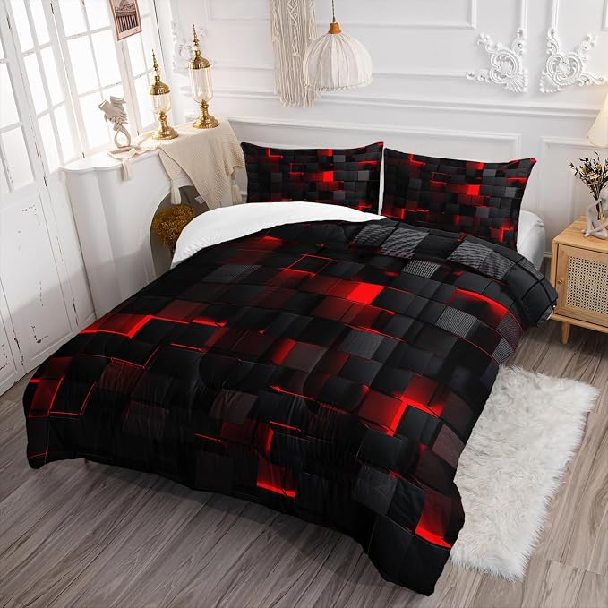 Geometric Red Black Comforter Set,Light Honeycomb 3 Piece Bedding Set King Size for Teen Boys,Modern Bedding Quilt Set Geometry Decor,Microfiber Lightweight 1 Comforter 2 Pillowcases All Season