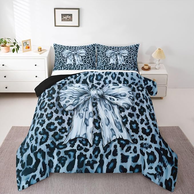 Feelyou Leopard Print Comforter Set All Season Cute Blue Bow Bedding Set with 2 Pillow Cases Cheetah Animal Fur Microfiber Kids King Bedclothes Bedroom Decor Duvet Quilt Breathable Soft Lightweight