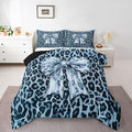 Feelyou Leopard Print Comforter Set All Season Cute Blue Bow Bedding Set with 2 Pillow Cases Cheetah Animal Fur Microfiber Kids King Bedclothes Bedroom Decor Duvet Quilt Breathable Soft Lightweight