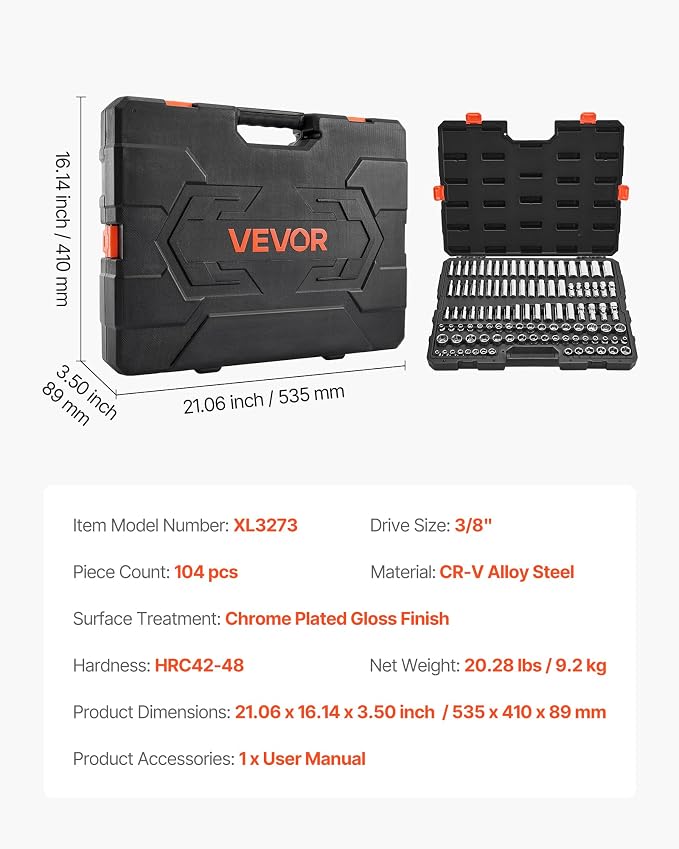 VEVOR Socket Set, 104 Pieces, 3/8 inch Drive Socket Tool Set, Metric Size from 6 to 24 mm, Deep and Standard, Mechanic Tool Kit with Storage Case, Chrome Plated CR-V Alloy Steel, for Automotive Repair | CR-V, Deep and Standard, Mechanic Tool Set for Au...