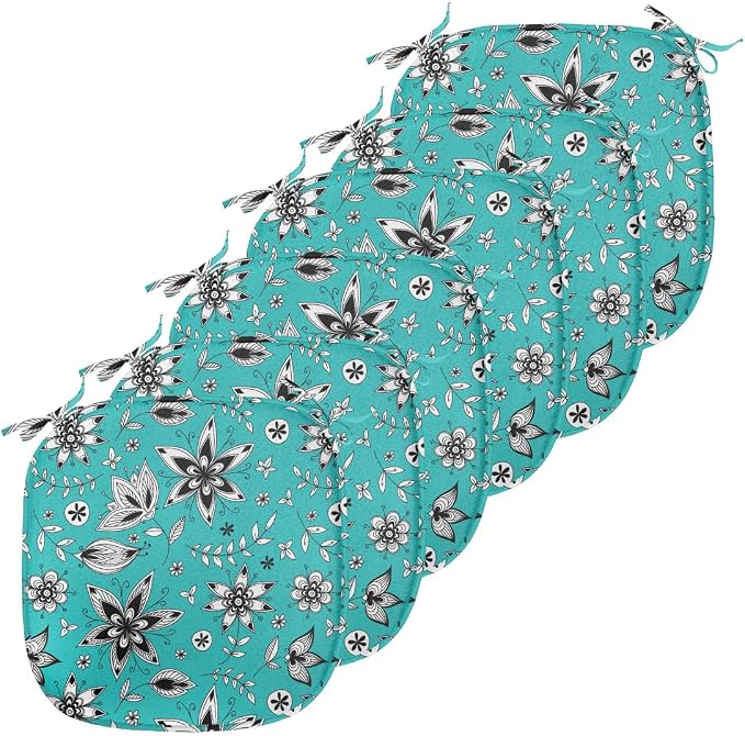 Lunarable Flower Chair Seating Cushion Set of 6, Abstract Monochrome Floral with Botanical Items, Anti-Slip Seat Padding for Kitchen & Patio, 16"x16", Seafoam Grey