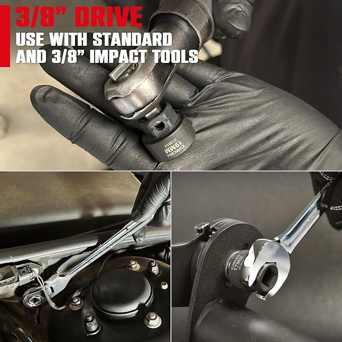 CROM Stubby Impact Socket Set 3/8" Drive Metric 6-19mm 14-Piece | Low Profile, CR-MO Steel, Nano Shallow Impact, Includes Aluminum Storage Rail