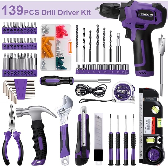 8V Cordless Drill Set, Built-in LED, Rechargeable Purple Power Drill with Drill & Screw Bits, 139-Piece Electric Drill Tool Set for Women & Men, Portable Tool Kit for Home Repairs, DIY Projects