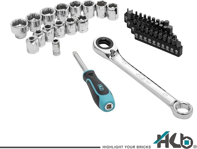 HB 57-Piece Socket Set AGX004-U, Low Profile 120-Tooth Ratchet Wrench with Non-Slip Sockets, Metric SAE E-Torx Compatible, Chrome Vanadium Steel, Portable EVA Case, Made in Taiwan