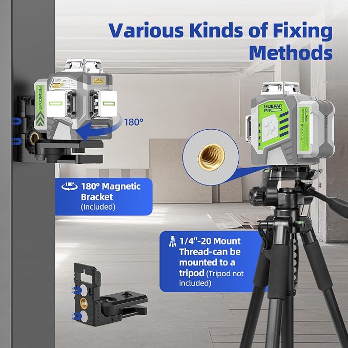 Huepar Pro Laser Level 360 Self Leveling, 3x360° High Accuracy Green Cross Line Laser for Construction and Picture Hanging, 12 Lines Level Laser Tool with Rechargeable Battery & Remote Control