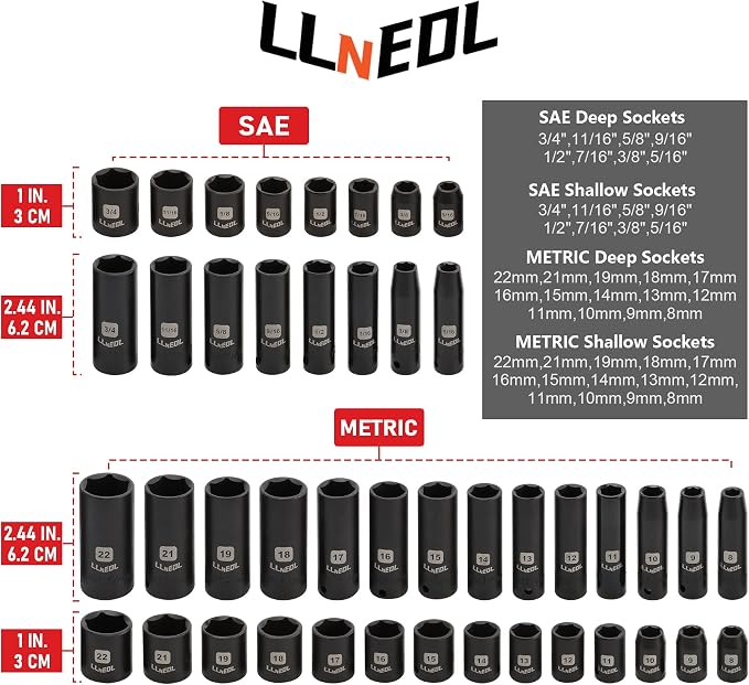 LLNEDL 3/8" Impact Socket Set Drive, 95Pcs Deep&Shallow Socket Wrench Set | 6 Point Metric&Standard Full (5/16"-3/4",8-22mm) with Spark Plug Socket, 72T Ratchet Handle, Screwdrivers for Automotive&Home