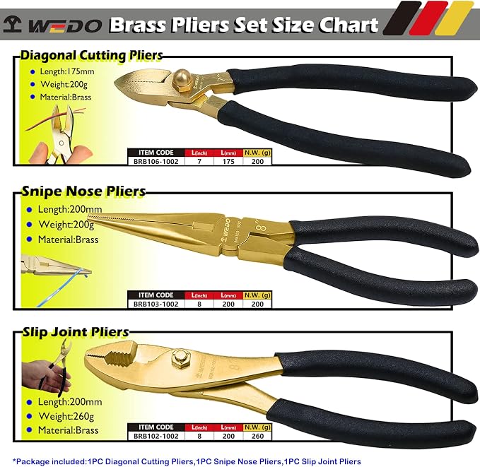 WEDO 3-Piece Brass Pliers Set - Non-Slip Handle, 8" Snipe Nose, 8" Slip Joint, 7" Diagonal Cutting