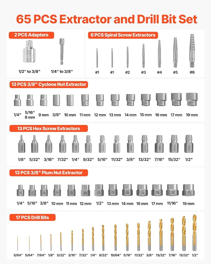 VEVOR Bolt Extractor Kit, 65 Pieces Easy Out Screw Extractor Set, Lug Nut Removal Tool with Left Hand Drill Bit Set for Removing Damaged, Frozen, Broken, Rusted, Rounded-Off Bolts, Nuts & Screws