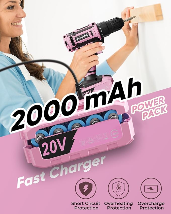 Pink Cordless Drill Set, VIWKO 20V Electric Power Drill for Women, Lightweight Electric Screwdriver Driver with Power Pack & Charger, 3/8" Keyless Chuck, Womens Tool Kit for House