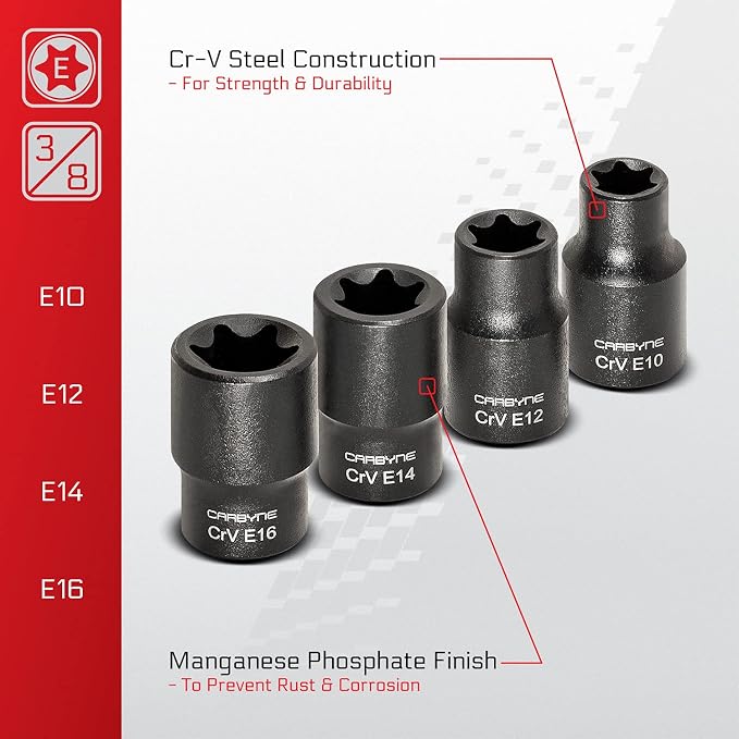 CARBYNE 13-Piece External Torx (E-Torx) Socket Set, E4 to E24, CrV Steel, Manganese Phosphate Finish, 1/4 3/8 1/2 in. Drive, Laser Etched, Socket Rail Included