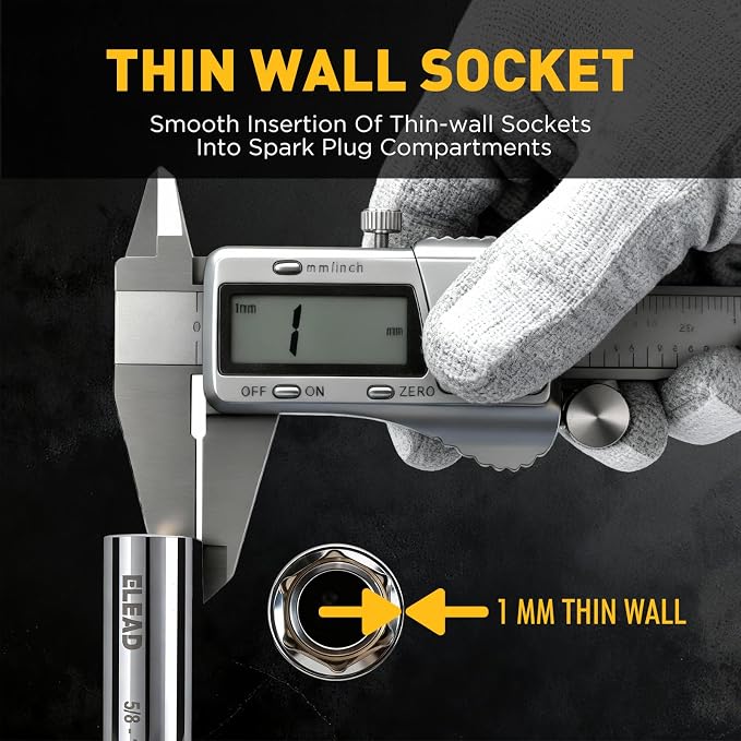 5/8" Swivel Magnetic Spark Plug Socket, 3/8" Drive x 12" Total Length, Thin Wall Spark Plug Removal Tool, 360 Degree Swivel, Enhanced Magnetic, 6-Point Design, Cr-V Steel