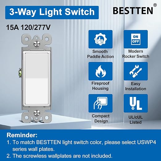 BESTTEN 60 Pack 3-Way Decorator Paddle Rocker Wall Light Switch, Single Pole or Three Way, 15A 120V/277V, On/Off Interrupter, UL Listed, White