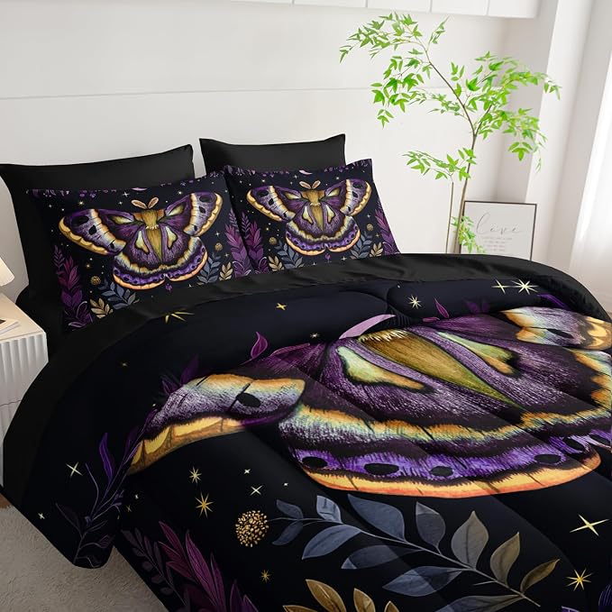 Gothic Moth Comforter Sets King Size,Bohemian Butterfly Vegetation Leaf Flash Bedding for Kids Room Decor,Mysterious Aesthetics Bedding with Comforter,Fitted Sheet,Flat Sheet,Pillowcases.