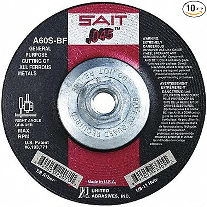 United Abrasives-SAIT 23305 A60S General Purpose Cut-Off Wheels (Type 27/Type 42 Depressed Center) 5" x .045" x 5/8-11", 10-Pack