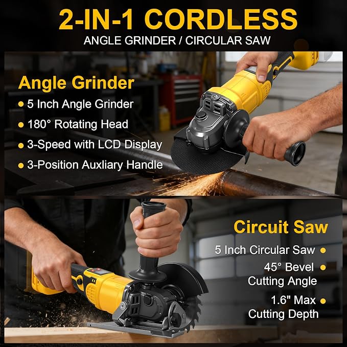 2-in-1 Cordless Angle Grinder & Circular Saw for Dewalt 20V Max Battery | No Battery, 4-1/2" to 5", 180° Rotating Head, 3-Speed with LED Display, 9300RPM Brushless for Cutting, Grinding, Polishing