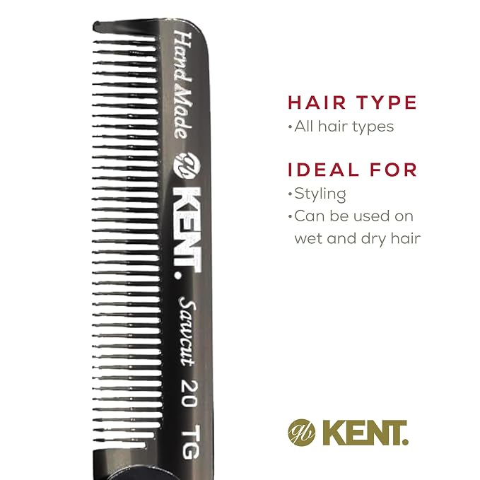 Kent 20T Black Graphite Handmade Folding Pocket Comb for Men, Fine Tooth Hair Comb Straightener for Everyday Grooming Styling Hair, Beard or Mustache, Use Dry or with Balms, Saw Cut, Made in England