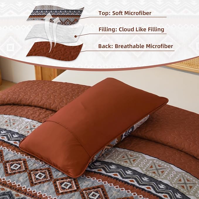 WONGS BEDDING 3 Pieces Quilt Set King Size, Burnt Orange Quilt Bedspread Lightweight Bohemian Coverlet Set with 2 Pillowcase, Soft Geometry Printed Bedding Set King for All Season 104"×90"