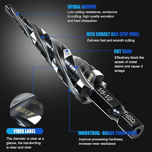 M35 Four Spiral Flute Step Drill Bit Set 1/8"-1/2" （13 Sizes ）,1/4" Hex Shank Drill, Impact Resistant M35 HSS Unibit Step Drill bit for Stainless Steel, Wood, Aluminum, Plastic