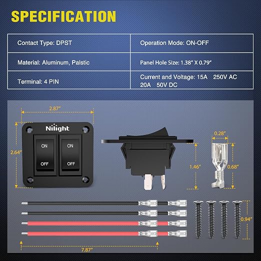 Nilight 2 Gang ON-Off Switch Panel 4 PIN DPST Toggle Switches 12V 20A Black Anodized Aluminium Shell Bracket with Screws Ternimals Jumper Wires Set for Cars Trailers Boats RV Camper