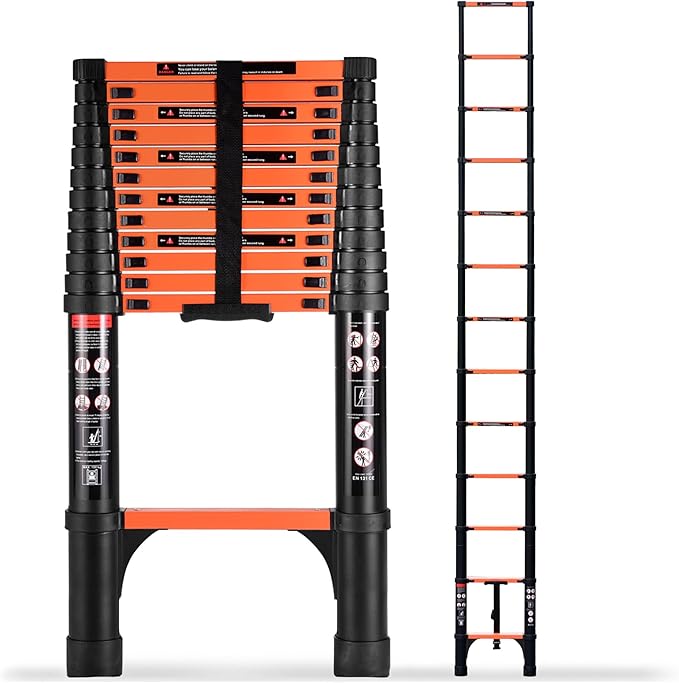 SINMEIRUN Telescoping Ladder, 16.5 FT, Aluminum Extension Ladder, 330 lbs Capacity, Collapsible Multi-Purpose Ladder for Home, Roof and RV; Orange