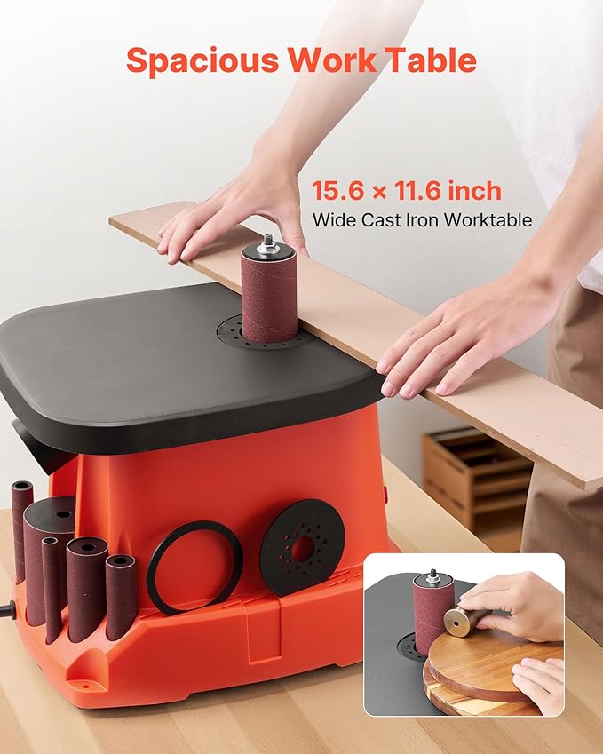 VEVOR Oscillating Spindle Sander, 2400RPM Benchtop Spindle Sander with 6 Sleeves (1/2"-3"), 5/8" Stroke, 15.6" x 11.6" Cast Iron Worktable for Furniture Finishing, Crafts Sanding, DIY Woodworking