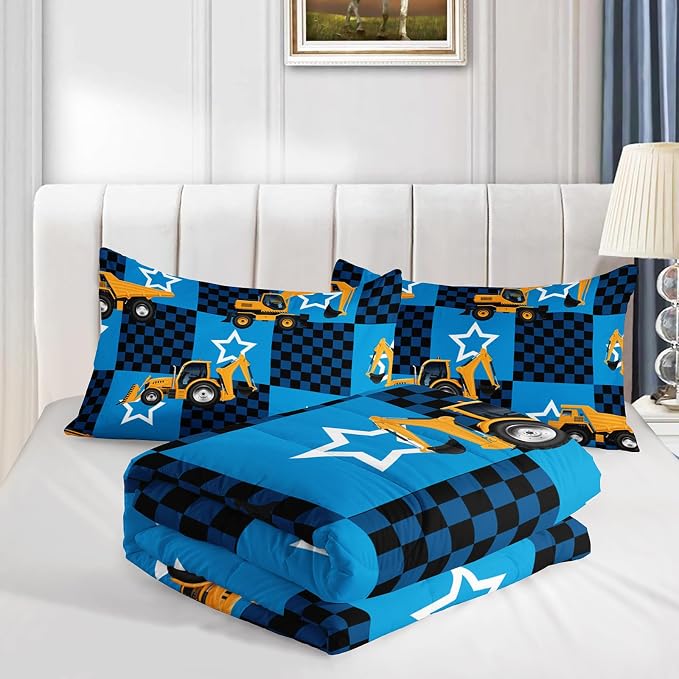 Axolotl Excavator Comforter Set King Size,Blue Plaid Comforter with Star,Cartoon Excavator Bedding for Kids Boys Teens,3 Piece Construction Vehicle Bed Set for Boys,1 Quilt 2 Pillowcases