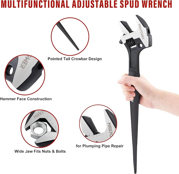 MAXPOWER 16-inch Adjustable Construction Spud Wrench, 4 in 1 Multifunctional Use for Adjustable Wrench and Hammer, Max Jaw Capacity up to 1.57"